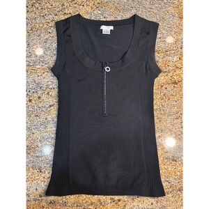 Y2K Cache Sleeveless Black Knit Top S Rhinestone Detail Scoop Neck Fitted 2000s